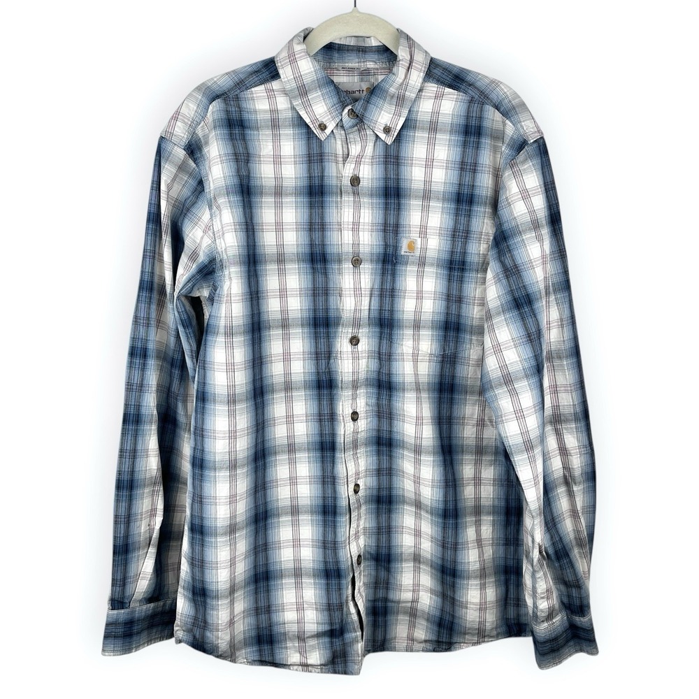CARHARTT Men's Relaxed Fit Blue Plaid MEDIUM Long Sleeve Shirt Cotton Button‎